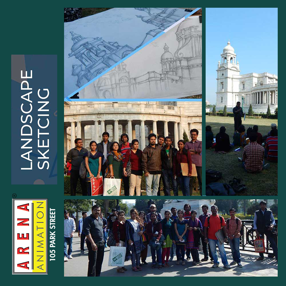 Picture of Arena Animation Park Street in front of the landscape they drew.