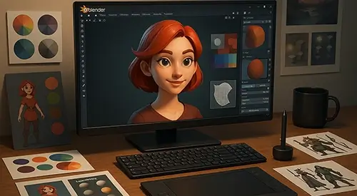 Blender software is being used to create a character's facial features