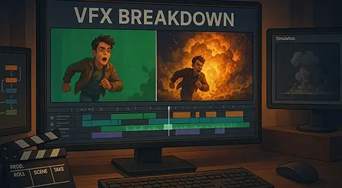 3 monitors depicting the VFX breakdown process