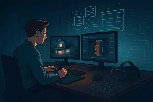A graphic depicting a man using architecture visualization on 2 screens