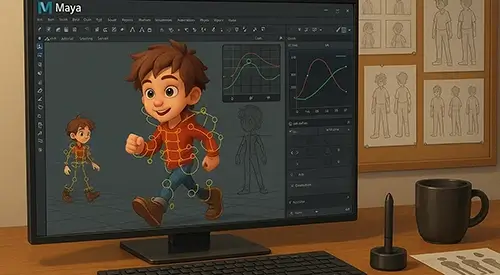 Maya software being used to give motion to a character on a screen
