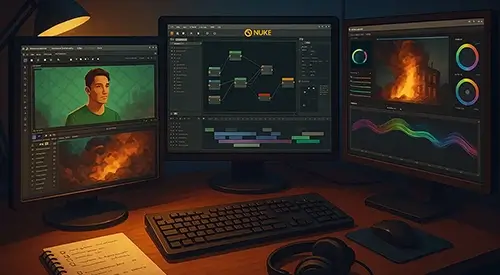 3 screens displays various elements, ongoing VFX work in progress